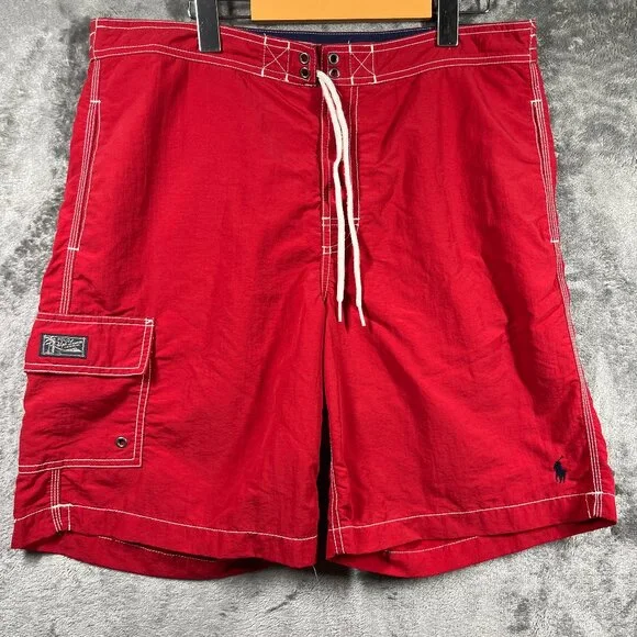 Polo Ralph Lauren Swim Trunks Mens Medium Red Board Shorts Pocket Beach Pool - Picture 1 of 15